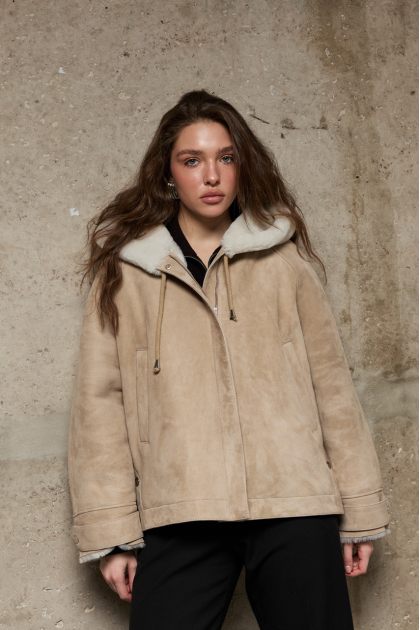 Suede sheepskin coat with hood